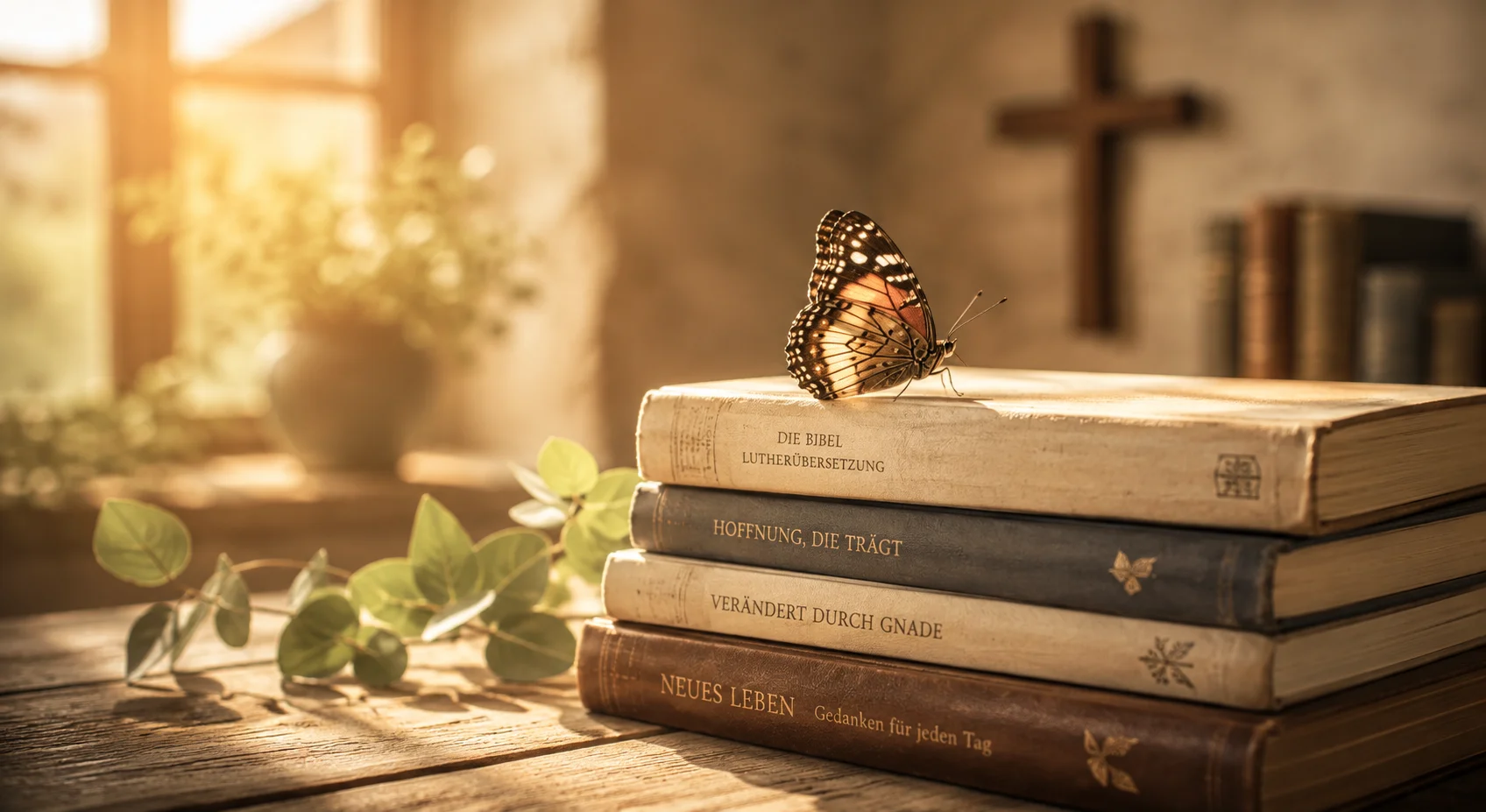 Ein Schmetterling ruht auf einem Stapel alter Bücher, warmes Licht fällt durch ein Fenster